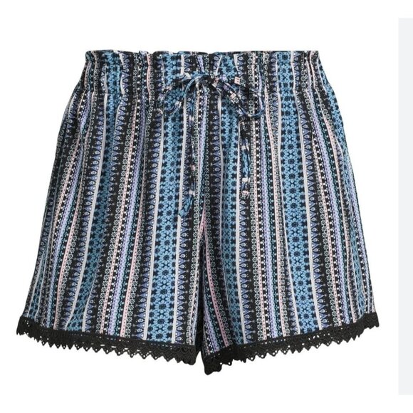 Women’s XL Boho Print Shorts Blue Pink Striped Drawstring Waist Lace Hem NWT Jrs - Picture 1 of 5
